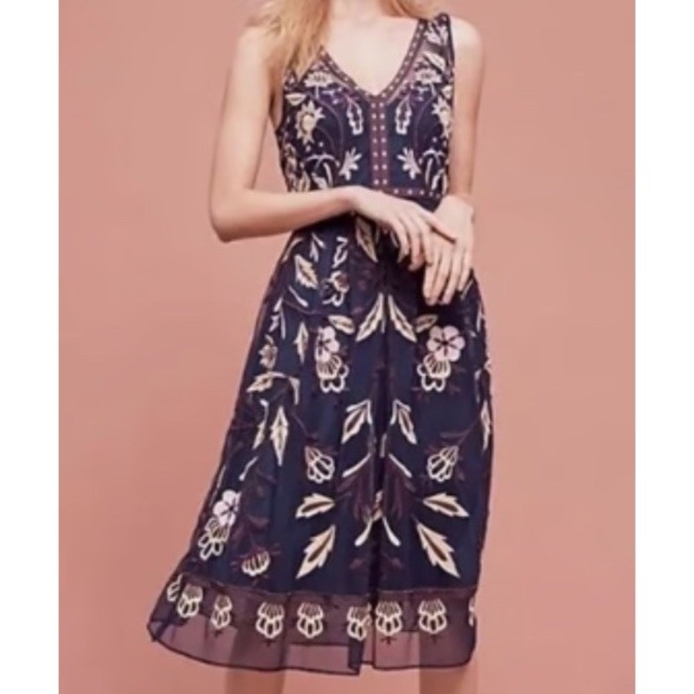 Anthropologie Moulinette Soeurs Alicante Embroidered Tulle Navy Midi Dress Sz 6 - Picture 2 of 16